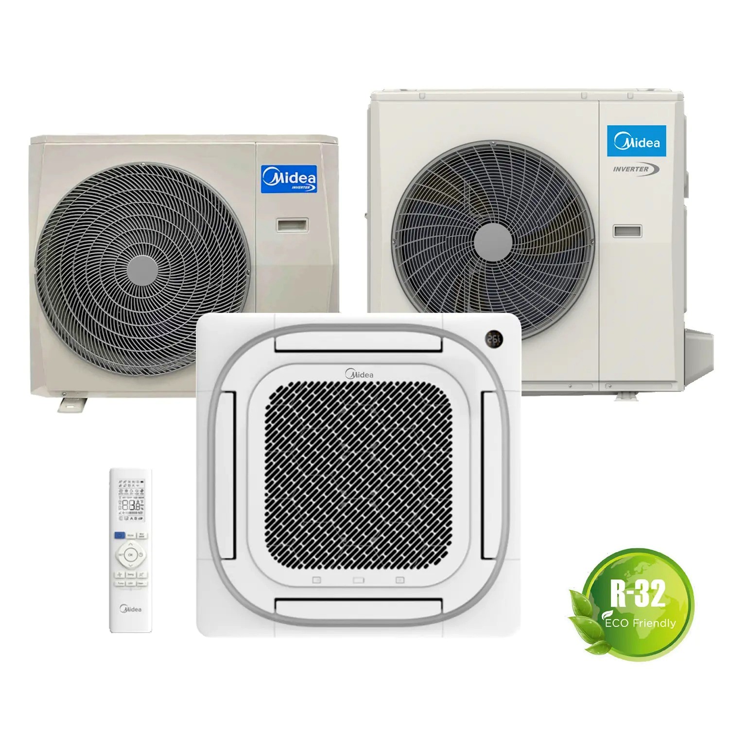 Equipos de aire acondicionado Midea tipo cassette y unidades condensadoras con refrigerante R-32